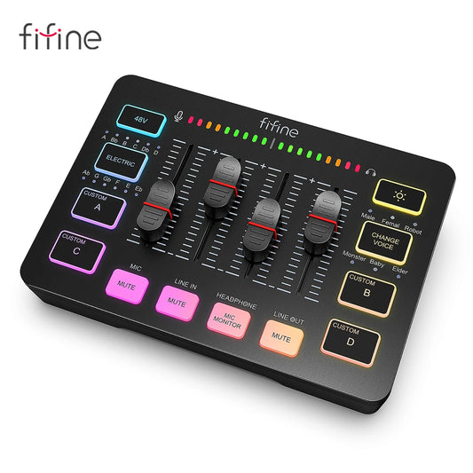 FIFINE 4-Channel RGB Gaming Audio Mixer – XLR Microphone Interface